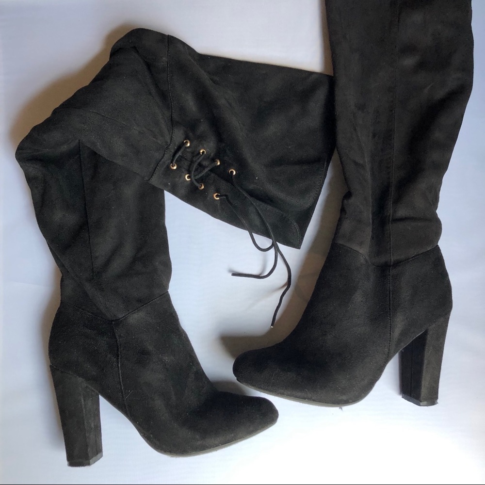 Black Suede Thigh-High Heel Boots